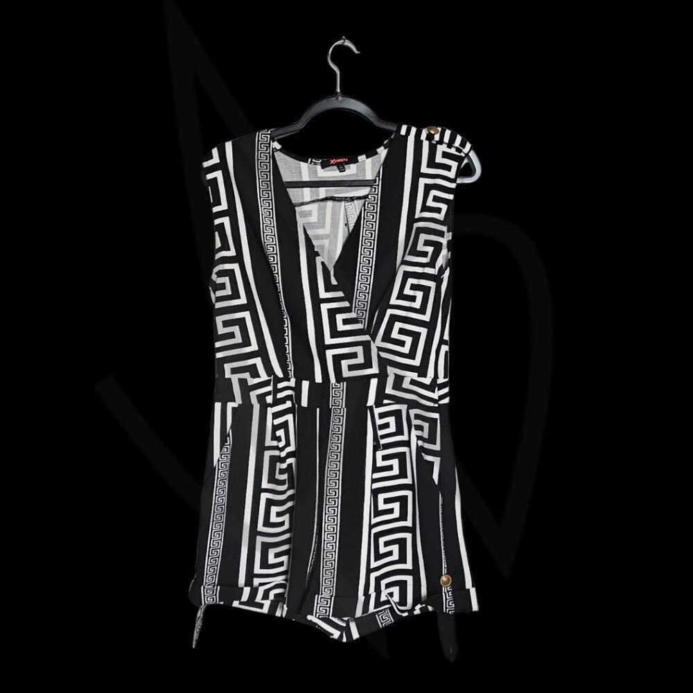 Black & White Geometric Print Romper -L